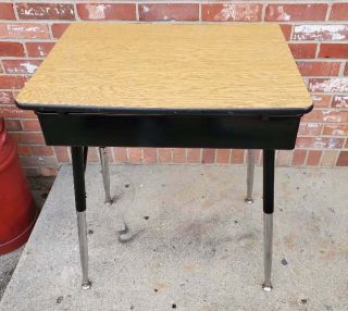 Child ' s School Desk Adjustable Chrome Legs Brown Wood Fromica Lift Top 6 2