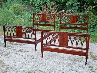 Mahogany Wood Carved Gothic Arched Twin Bed With Foot,  Headboard & Rails 2 Avail