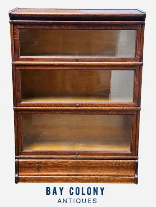 19TH C ANTIQUE TIGER OAK MACEY STACKING BARRISTER BOOKCASE W/ BASE DRAWER 2