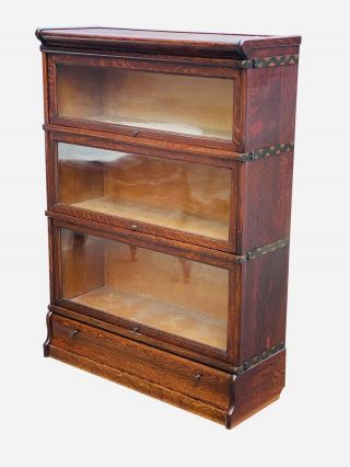 19TH C ANTIQUE TIGER OAK MACEY STACKING BARRISTER BOOKCASE W/ BASE DRAWER 3