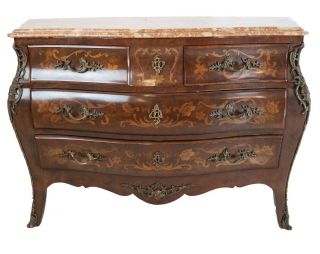 Antique Xv French Inlaid & Bronze Mounted Marble Top Commode Dresser Chest