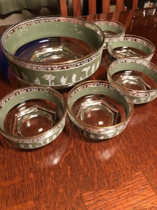 Vintage Jeanette Hellenic Green Wedgewood Greek Glass Bowl Set