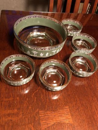 Vintage Jeanette HELLENIC GREEN WEDGEWOOD GREEK Glass Bowl Set 2