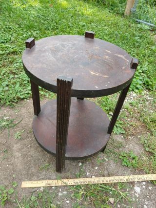 Antique - Vtg Mission Crafstman Wooden Side Table Round 22x16 Tier Shelf Old Rare