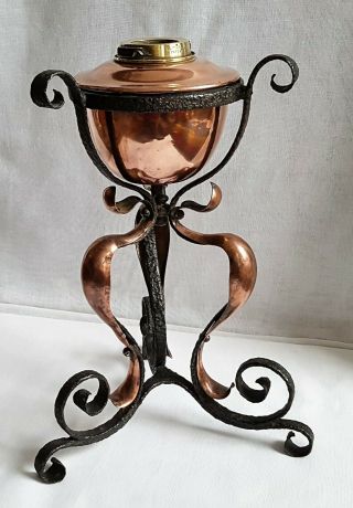 Arts & Crafts Copper & Wrought Iron Lamp Stand Hinks & Sons Bayonet Brass Collar