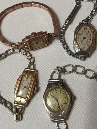 Four Vintage Art Deco Ladies Wrist Watches 14k,  10k Gold Filled