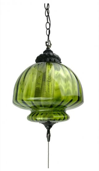 Vintage Midcentury Modern Large Green Glass Swag Lamp With Diffuser