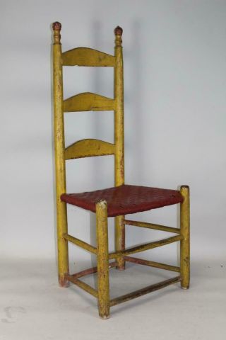 William And Mary 18th C Ct 3 Slat Ladderback Armchair In Old Mustard Paint