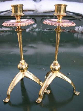 Pair Arts & Crafts Cast Brass And Copper Candlesticks Unsigned,  Was Benson Style