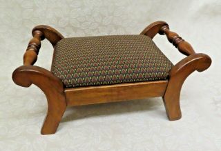 Antique American Cherry Wood 18 " Long Two Handle Foot Stool W/ Upholstered Seat