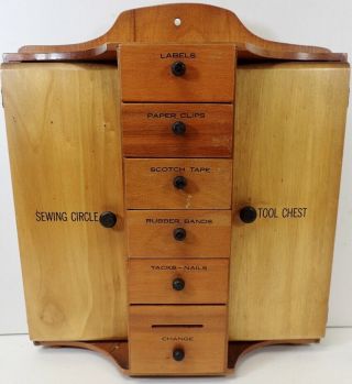 Antique Vintage Wall Mount Maple Wood Cabinet Sewing & Tool Organizer