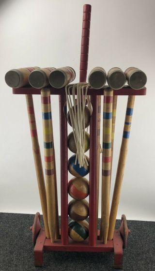Vintage Rademaker 6 Player All Wooden Croquet Set With Stand - Complete