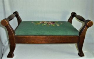 Antique Oak Wood Foot Stool W/padded Floral Rose Needlepoint Green Background