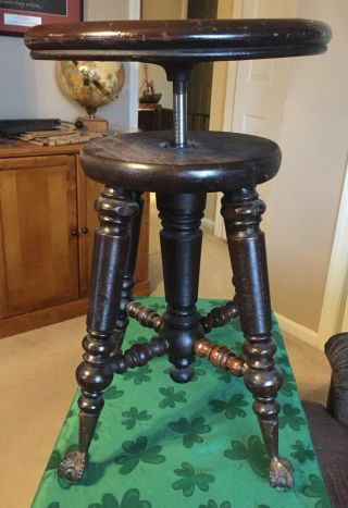 Vintage Adjustable Piano Stool With Cast Iron And Glass Ball Claw Feet -
