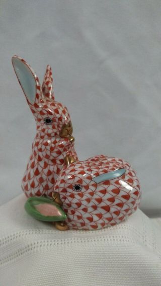 Vintage Herend Hungary Rust Red Fishnet Rabbit Pair Ceramic Figurine