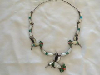 Hand Made Vintage Native American Necklace With Turquoise And Coral Hummingbirds