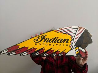 Large Old Vintage Indian Motorcycle Die Cut Headband Porcelain Heavy Metal Sign