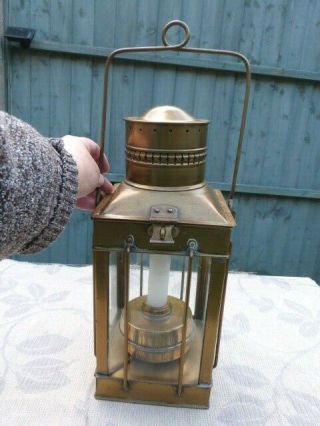 Large Vintage Brass & Glass Nautical Style Hurricane Lantern Lamp Candle Holder