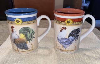Set 2 Gibson Everyday Ceramic Rooster Sunflower Coffee Tea Mug Terracotta - Blue