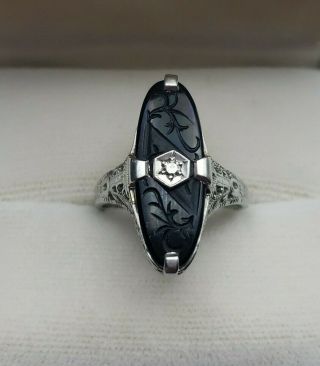 Vintage 14k Wg Ladies Filigree Black Onyx & Diamond Ring Sz 7.  5 4.  0g Estate