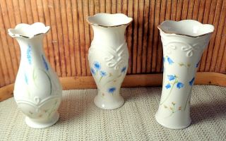 Set Of 3 Lenox Floral Bud Vases / Blue Flowers With Gold Trim