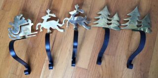 Vintage Solid Brass /iron Christmas Mantle Hooks Stocking Holder Hanger Set Of 5