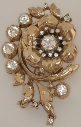 Vintage Trifari Gold Plate Crystal Rhinestone Flower Pin Clip Brooch