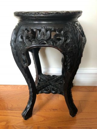 Vintage Chinese Red Wood Cared Stand With Marble Top
