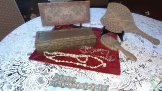 Antique 1920,  S Boxes Mirror Brush Gold Metallic Lace Ribbonwork Trim Rosettes