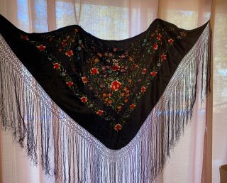 Vintage Silk Floral Embroidered Piano Shawl