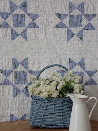 Cottage Home Vintage 40s Periwinkle Blue & White Ohio Star Quilt 74x65