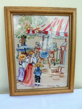 Rare Stunning Vintage Merry Go Round Tapestry Needlepoint Embroidery Framed
