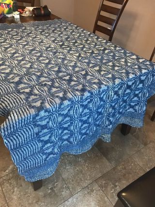Rustic,  Antique Hand - Woven Blue And White Twin - Sized Wool Blanket/bedspread