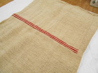 A,  Vtg Antique Red Stripe European Hemp Linen Fabric Feed Sack Grain Bag 20x52