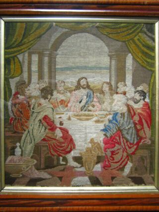 A Finely Framed Antique Needlepoint Tapestry Of " The Last Supper "