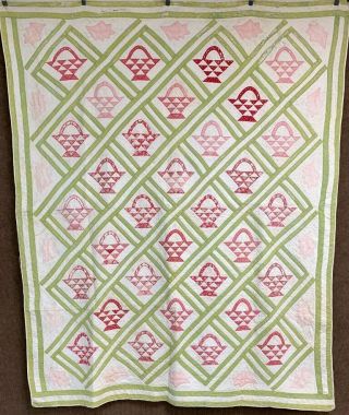 Early Pa C 1850s Basket Quilt Antique Turkey Red Leaves For Study