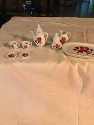 10pc Vintage Royal Norfolk Miniature Tea Set Pink Red Hearts Mini Porcelain