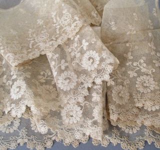 3 Vintage Creamy Ecru French Lace Trims Tambour Embroidered 4 " - 7 " Wide Dolls