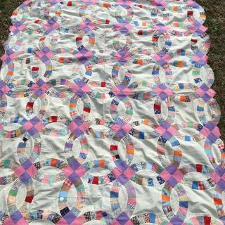 Antique Vintage FEEDSACK Fabric Wedding Ring QUILT TOP 1930 ' s 80” x 89” 5