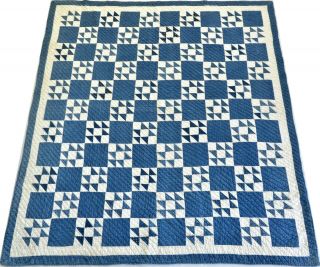 Antique 19th Century Hand Stitched 8 Spi Blue & White Flying Geese Quilt 73x69