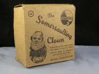 VINTAGE SUNNYVALE SOMERSAULTING CIRCUS CLOWN WIND UP TINPLATE TOY GAME & BOX 3