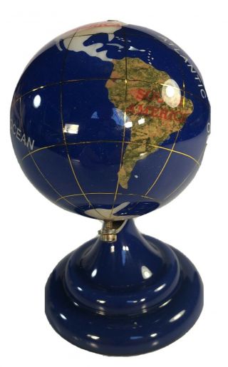 Rotating Globe Inlaid Lapis Semi Precious Gem Stones With Brass Stand 3.  5”