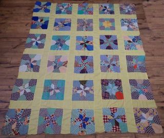 All Feedsacks Vintage 30s Yellow Star Quilt Top 80x66