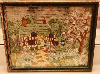 Antique/folk Art Crewel Yarn Art Cottage/garden - - Late 1800’s—original Wood Frame