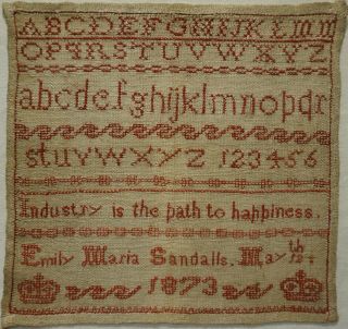 Small Mid/late 19th Century Red Stitch Work Sampler By Emily Maria Sandalls 1873