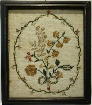 Small Early 19th Century Needlework Of A Tied Floral Spray In A Garland - C.  1830