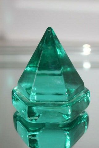Vintage Mid Century Modern Deck Prism Pyramid Green Glass Paperweight