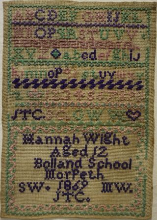 Small Mid/late 19th Century Alphabet School Sampler By Hannah Wight Aged 12 1869