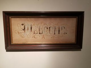 Antique Victorian Punch Paper Needlework Welcome Motto Large 24 " ×12 " Framed