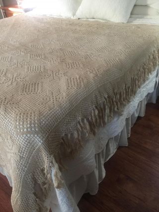 Vintage French Crochet Bedspread Coverlet With 5” Fringe Border 81 X 82 A17f